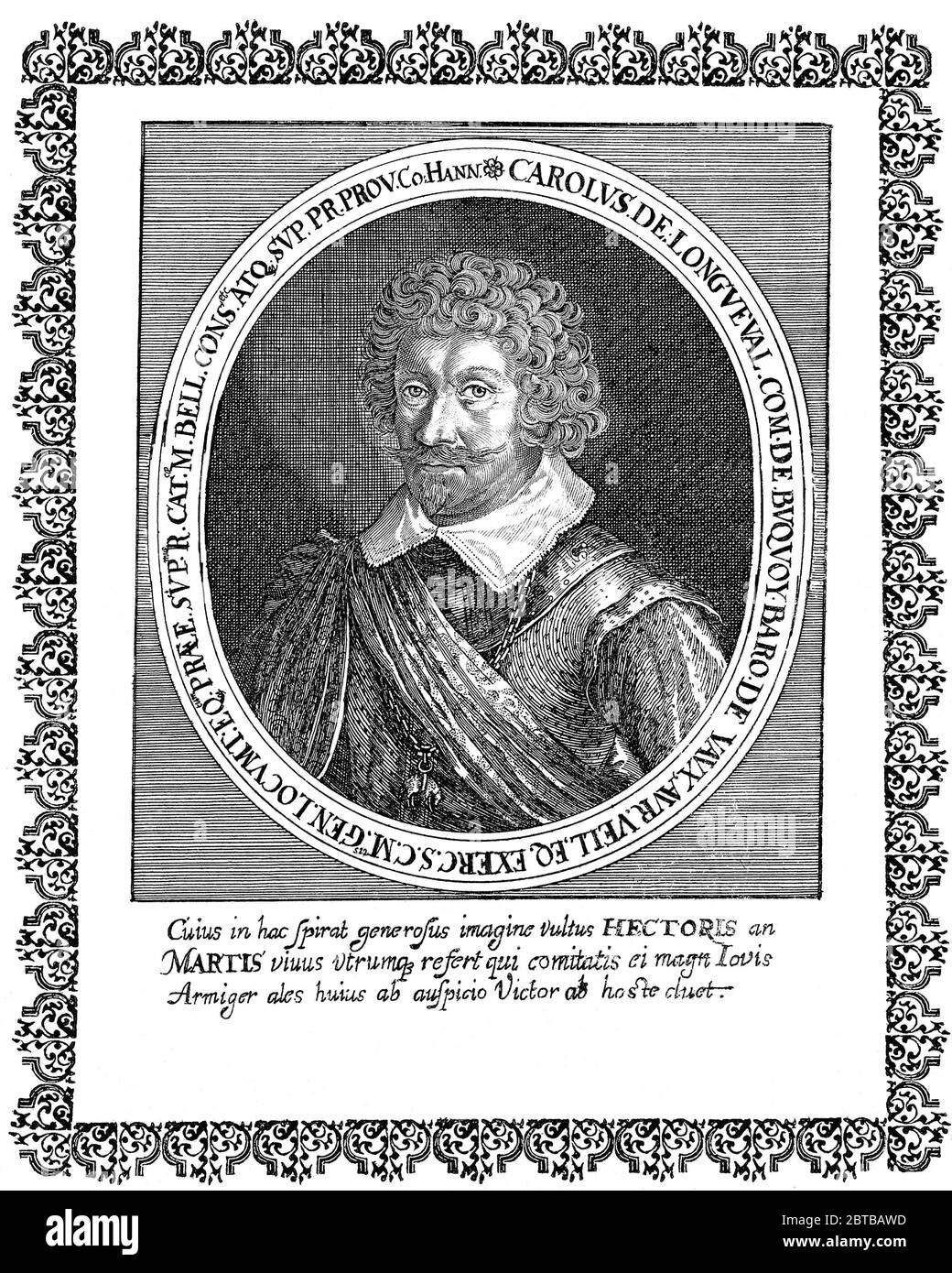 1600 ca. , DEUTSCHLAND : der Graf CHARLES Bonaventura de LONGUEVAL DE BUCQUOY ( Bonaventura , 1571 - 1621 ). Portrair von Matthäus Merian gestochen, 1662 veröffentlicht. Französisch in Arras geboren. War ein Militärkommandant, der während des Achtzigjährigen Krieges für die spanischen Niederlande und während des Dreißigjährigen Krieges für das Heilige Römische Reich fougt. - KAREL - CARLOS - Buenaventura - Absburg - Asburg - Asburgo - Österreich - SPANIEN - SPAGNA - ADEL - NOBILI tedeschi e spagnoli - Nobiltà tedesca e spagnola - illustrazione - Illustration - Gravur - Inzisione - Kragen - colletto - Baffi - Schnurrbart --- BOGEN Stockfoto