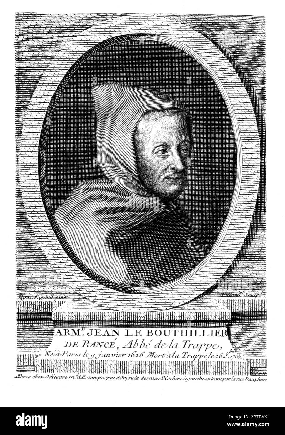 1690 Ca, FRANKREICH: Der französische katholische Mönch ARMAND JEAN Le BOUTHILLIER de Rancé ( 1626 - 1700 ), war Abt der Abtei La Trappe und Gründer des TRAPPISTEN-ORDENS. Gravur von Rigaud, XIX Jahrhundert. - ABATE - MONACO TRAPPISTA - ORDINE TRAPPISTI - MONACO - MONACALE - MÖNCH - FRATE - frati - MÖNCH - Brüder - Brüder - RELIGIONE CATTOLICA - KATHOLISCHE RELIGION - CLERICALI - CLERICALE - FRANCIA - Gravur - Incisione - illustrazione - Illustration - Bart - barba --- Archivio GBB Stockfoto