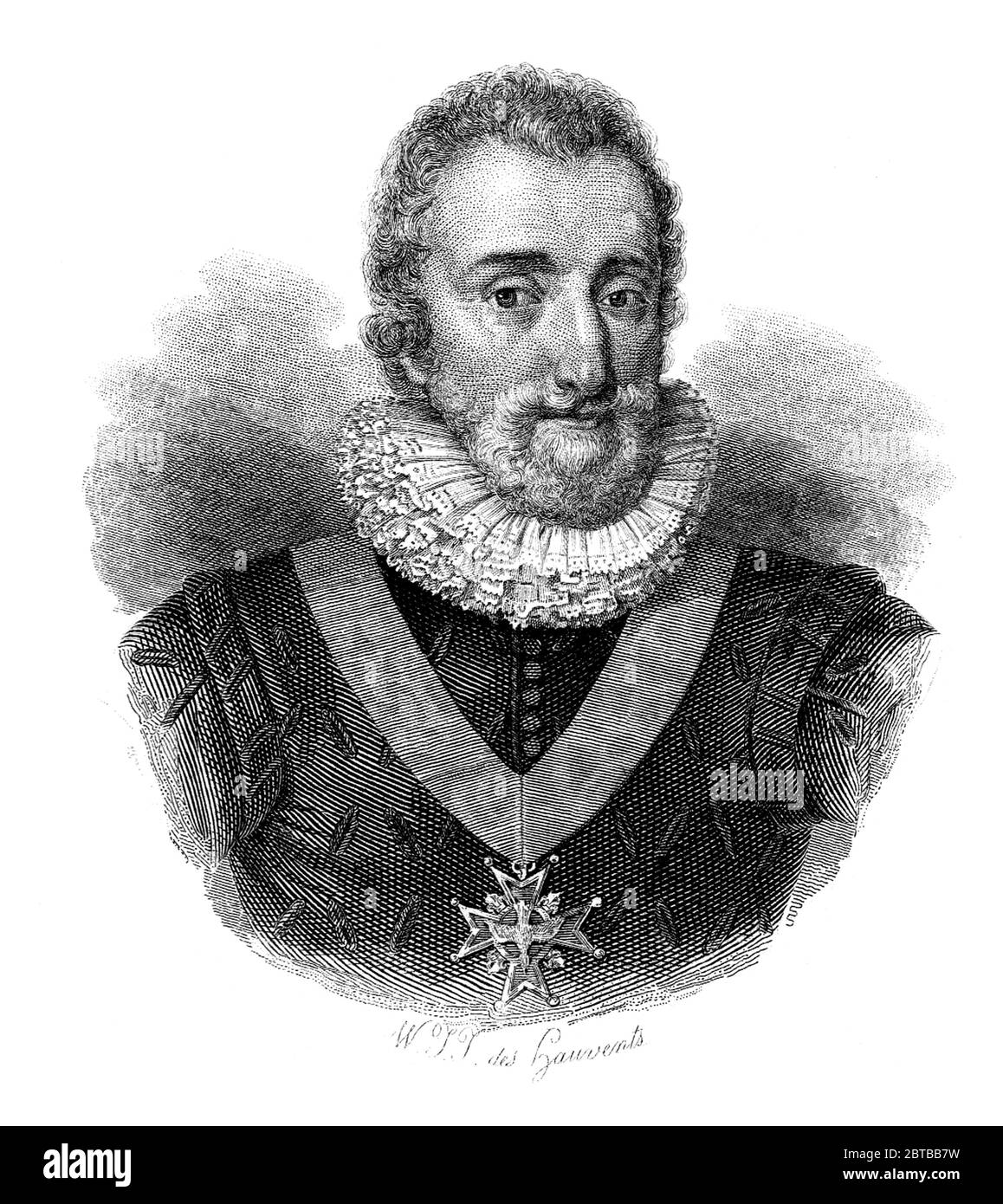 1594 Ca, FRANKREICH: König Gravur Französisch König HENRI IV ( 1553 - 1594 ) de BOURBON. Verheiratet mit Maria de' Medici und Vater von König Ludwig XIII. Porträt von W.J.J. des Gauvents nach Frans Pourbus le jeune, 1836 veröffentlicht, Paris . - BORBONE FRANCIA - HEINRICH DER GROSSE - ADEL - NOBILI francesi - Nobiltà francese - FRANCIA - illustrazione - Illustration - Gravur - incisione - Re di Francia - Kragen - colletto - gorgiera - Bart - barba --- ARCHIVIO GBB Stockfoto