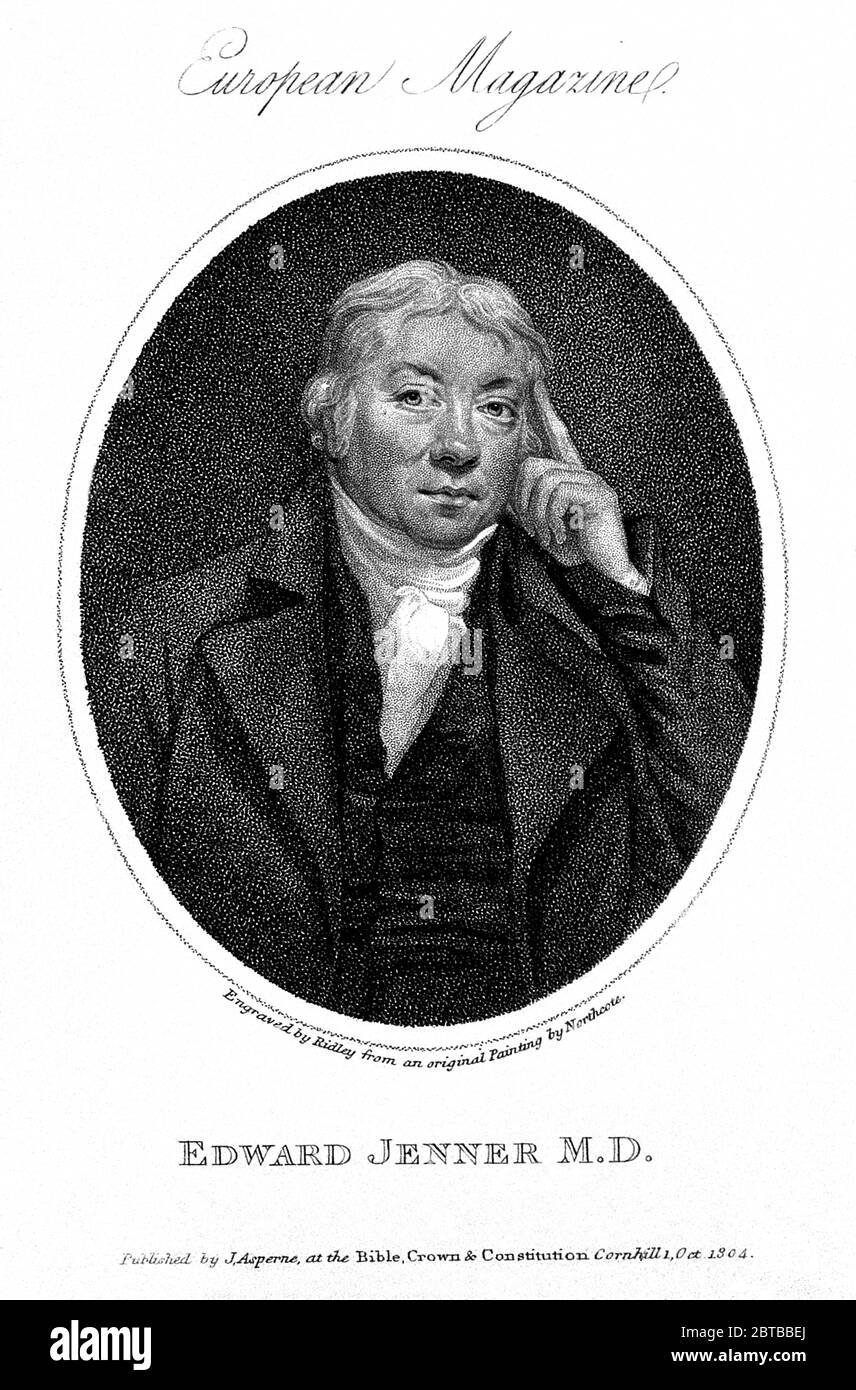 1803 , GROSSBRITANNIEN: Der britische Arzt, Virologe und Naturforscher EDWARD JENNER ( 1749 - 1823 ), der an der Entwicklung des POCKENIMPFES mitwirkte. Porträt von William Ridley 1804, nach James Northcote , 1803 . - IMPFUNG - VIRUS - VIROLOGO - VIROLOGE - ANTIVAIOLOSA - ANTIVAIOLO - ANTI-VAIOLO - ANTIVAIOLO - VACCINAZIONE - foto storiche - scienziato - Wissenschaftler - Portrait - ritratto - GRAND BRETAGNA - DOTTORE - MEDICO - MEDICINA - Medizin - SCIENTIZA - WISSENSCHAFT - illustrazione - Illustration --- Archivio GBB Stockfoto