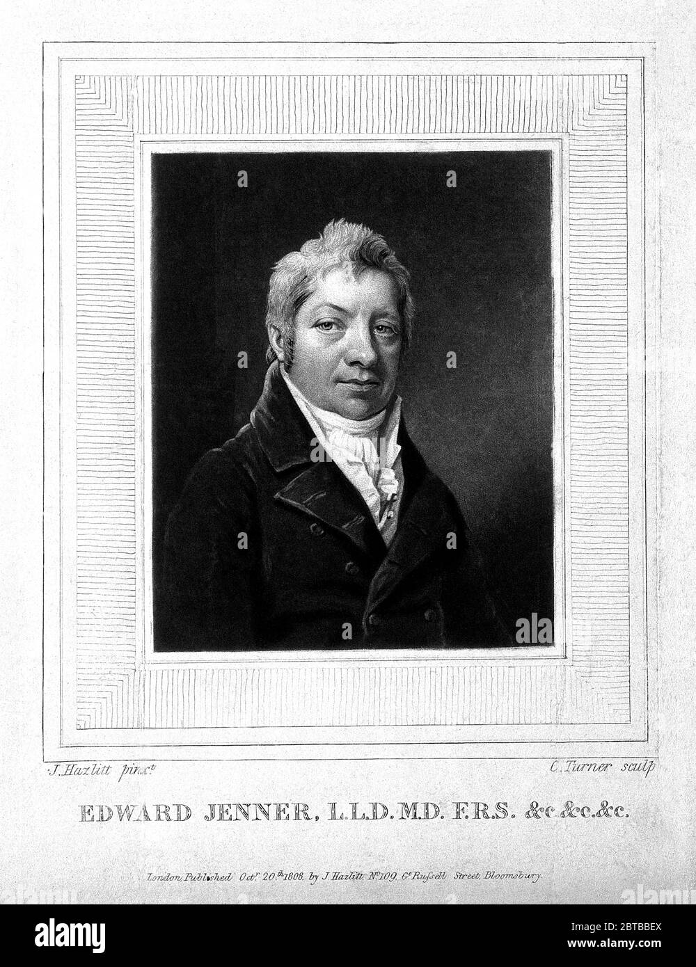1808 , GROSSBRITANNIEN: Der britische Arzt, Virologe und Naturforscher EDWARD JENNER ( 1749 - 1823 ), der an der Entwicklung des POCKENIMPFES mitwirkte. Porträt von C. Turner nach John Hazlitt , 1808 . - IMPFUNG - VIRUS - VIROLOGO - VIROLOGE - ANTIVAIOLOSA - ANTIVAIOLO - ANTI-VAIOLO - ANTIVAIOLO - VACCINAZIONE - foto storiche - scienziato - Wissenschaftler - Portrait - ritratto - GRAND BRETAGNA - DOTTORE - MEDICO - MEDICINA - Medizin - SCIENTIZA - WISSENSCHAFT - illustrazione - Illustration --- Archivio GBB Stockfoto