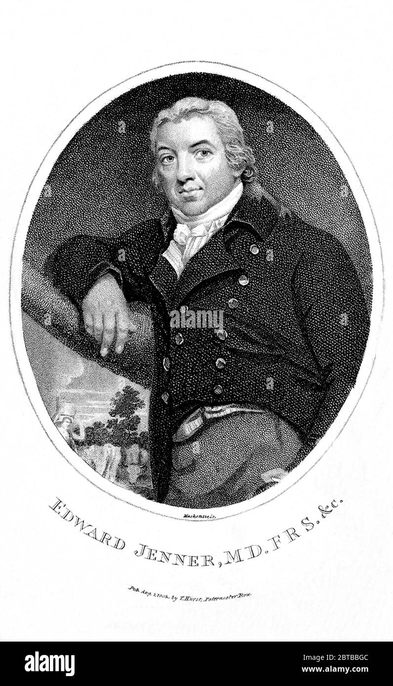 1820 ca., GROSSBRITANNIEN: Der britische Arzt, Virologe und Naturforscher EDWARD JENNER ( 1749 - 1823 ), der an der Entwicklung des POCKENIMPFES mitwirkte. Porträt von Mackenzie , veröffentlicht am 1. august 1820 von T. Hurst , London . - IMPFUNG - VIRUS - VIROLOGO - VIROLOGE - ANTIVAIOLOSA - ANTIVAIOLO - ANTI-VAIOLO - ANTIVAIOLO - VACCINAZIONE - foto storiche - scienziato - Wissenschaftler - Portrait - ritratto - GRAND BRETAGNA - DOTTORE - MEDICO - MEDICINA - Medizin - SCIENTIZA - WISSENSCHAFT - illustrazione - Illustration --- Archivio GBB Stockfoto