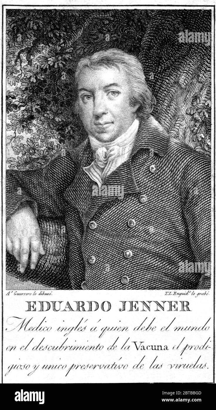 1820 ca., GROSSBRITANNIEN: Der britische Arzt, Virologe und Naturforscher EDWARD JENNER ( 1749 - 1823 ), der an der Entwicklung des POCKENIMPFES mitwirkte. Porträt von A. Guerrero , gestochen von T.L. Enguid , Spanien . - IMPFUNG - VIRUS - VIROLOGO - VIROLOGE - ANTIVAIOLOSA - ANTIVAIOLO - ANTI-VAIOLO - ANTIVAIOLO - VACCINAZIONE - foto storiche - scienziato - Wissenschaftler - Portrait - ritratto - GRAND BRETAGNA - DOTTORE - MEDICO - MEDICINA - Medizin - SCIENTIZA - WISSENSCHAFT - illustrazione - Illustration --- Archivio GBB Stockfoto