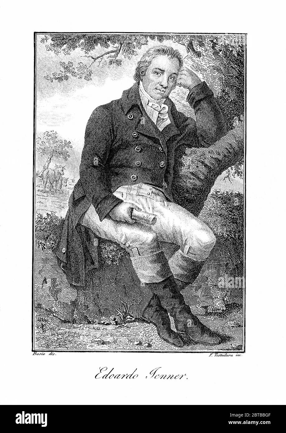 1820 ca., GROSSBRITANNIEN: Der britische Arzt, Virologe und Naturforscher EDWARD JENNER ( 1749 - 1823 ), der an der Entwicklung des POCKENIMPFES mitwirkte. Porträt von Bosio , gestochen von F. Testatura , Italien . - IMPFUNG - VIRUS - VIROLOGO - VIROLOGE - ANTIVAIOLOSA - ANTIVAIOLO - ANTI-VAIOLO - ANTIVAIOLO - VACCINAZIONE - foto storiche - scienziato - Wissenschaftler - Portrait - ritratto - GRAND BRETAGNA - DOTTORE - MEDICO - MEDICINA - Medizin - SCIENTIZA - WISSENSCHAFT - illustrazione - Illustration --- Archivio GBB Stockfoto