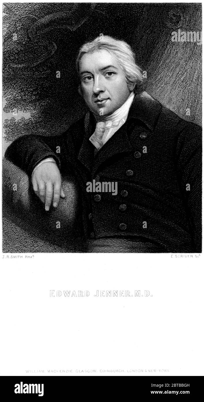 1820 ca., GROSSBRITANNIEN: Der britische Arzt, Virologe und Naturforscher EDWARD JENNER ( 1749 - 1823 ), der an der Entwicklung des POCKENIMPFES mitwirkte. Porträt von William Mackenzie , nach J.R. Smith , gestochen von E. Scriven . - IMPFUNG - VIRUS - VIROLOGO - VIROLOGE - ANTIVAIOLOSA - ANTIVAIOLO - ANTI-VAIOLO - ANTIVAIOLO - VACCINAZIONE - foto storiche - scienziato - Wissenschaftler - Portrait - ritratto - GRAND BRETAGNA - DOTTORE - MEDICO - MEDICINA - Medizin - SCIENTIZA - WISSENSCHAFT - illustrazione - Illustration --- Archivio GBB Stockfoto