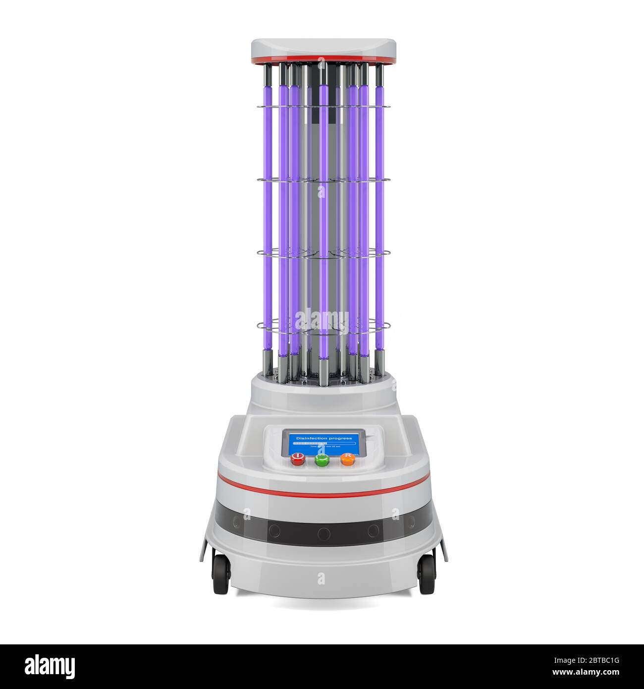 UV-Desinfektions-Roboter, Vorderansicht. 3D-Rendering auf weißem Hintergrund isoliert Stockfoto
