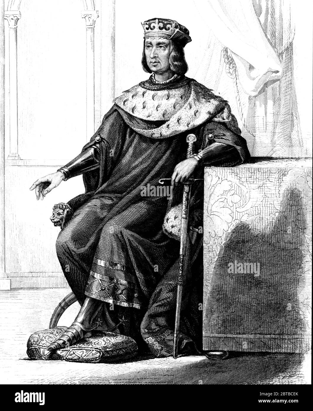 1510 Ca, FRANKREICH: Der französische König LUDWIG XII. Valois-Orléans ( 1462 - 1515 ) dit Le Pére du Peuple . Ohne männliche Söhne ging der Thron an König François I. Valois-Angouleme (1494 - 1547), seinen Cousin und Schwiegervater, über. - ADEL - NOBILI francesi - Nobiltà francese - FRANCIA - Valois - Orléans - illustrazione - Illustration - Gravur - incisione - LUIGI XIII Re di Francia - Krone - Corona - spada - Schwert - trono - Thron --- ARCHIVIO GBB Stockfoto