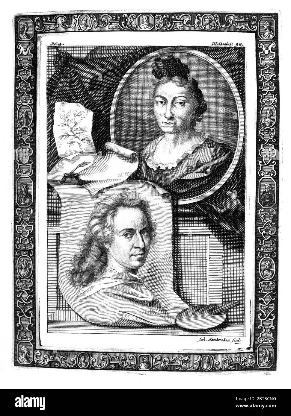1729, DEUTSCHLAND : die deutsche Naturwissenschaftlerin Malerin, wissenschaftliche Illustratorin und Biologin MARIA SIBYLLA MERIAN ( 1647 - 1717 ). Sybylla's Vater war der Schweizer Kupferstecher und Pubblisher Matthäus Merian (Matthäus, 1593 - 1650) der Ältere. Porträt von Jacobus Houbraken ( 1698 - 1780 ), nach Georg Gsell, mit dem Porträt (unten) des niederländischen Porträtisten David van der Plas ( 1647 - 1704 ). - SYBILLA - GESCHICHTE - foto storica storiche - Portrait - ritratto - NATURALISTA - NATURALIST - SCIENZA - WISSENSCHAFT - BIOLOGIE - BIOLOGIA - illustrate - illustraore - Illustrator - Frau Maler - pittrice Stockfoto