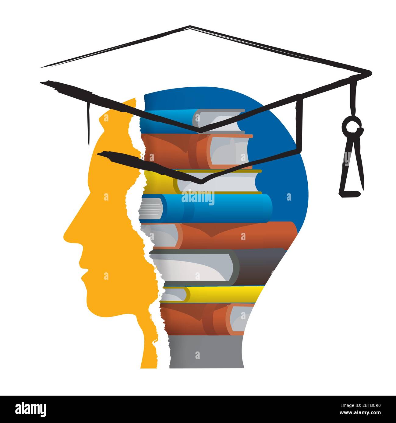 Absolvent, Leiter der Bücher. Stilisierter Kopf eines Studenten mit Büchern und Pinsel gezeichnet Mörsertafel. Isoliert auf weißem Hintergrund. Vektor verfügbar. Stock Vektor