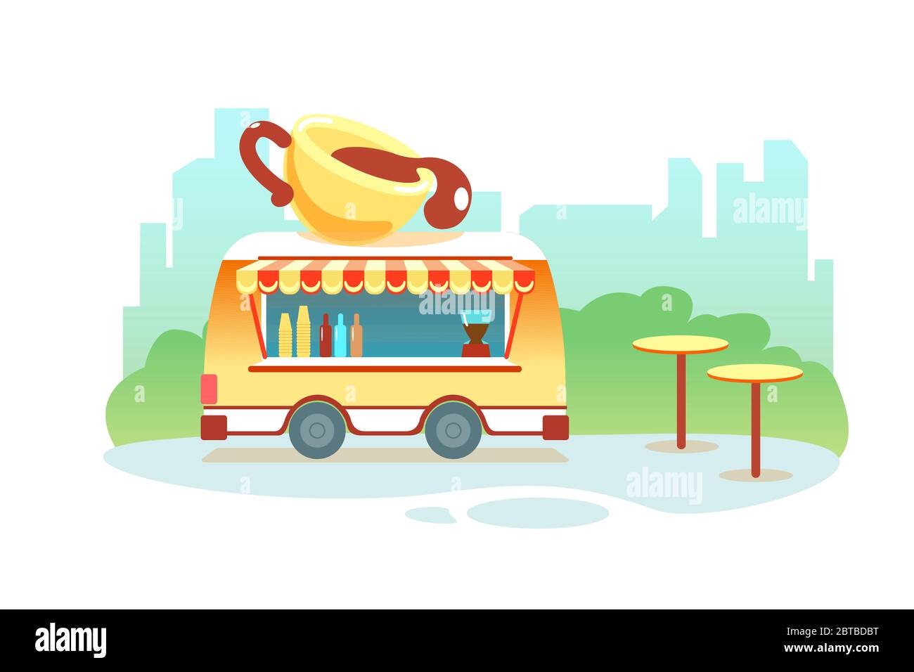 Kaffeetruck am Park auf Stadthintergrund. Kaffee zu gehen Café auf Rädern Outdoor-Vektor isoliert Illustration. Straßenmenü-Anhänger. Trank Portable Cafe, zum Mitnehmen heiße Getränke Tasse, Catering-Geschäft. Stock Vektor