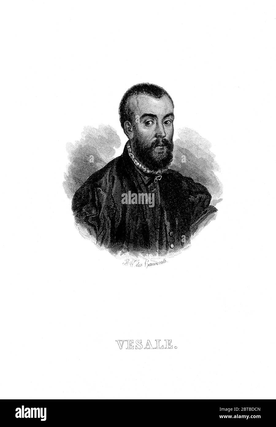 1543, BELGIEN: Der flamische Anatom ANDREAS VESALIUS (* 1514; † 1564) alias ANDREA VESALIO alias Andreas van Wesel. Autor von de Humani Corporation Fabrica Libri Septem (auf dem Gewebe des menschlichen Körpers). Porträt Radierung im Alter von 28 Jahren von J. W. des Hauvends, XIX Jahrhundert . - ANATOMIE - ANATOMIE - ANATOM - ANATOMISTA - Wissenschaftler - Porträt - Ritratto - DOTTORE - MEDICO - MEDICINA - Medizin - SCIENZA - WISSENSCHAFT - DOTTORE - MEDICIAN - Illustration - Gravur - Incision - Bart - Barba - BELGIO -- Archivio GBB Stockfoto