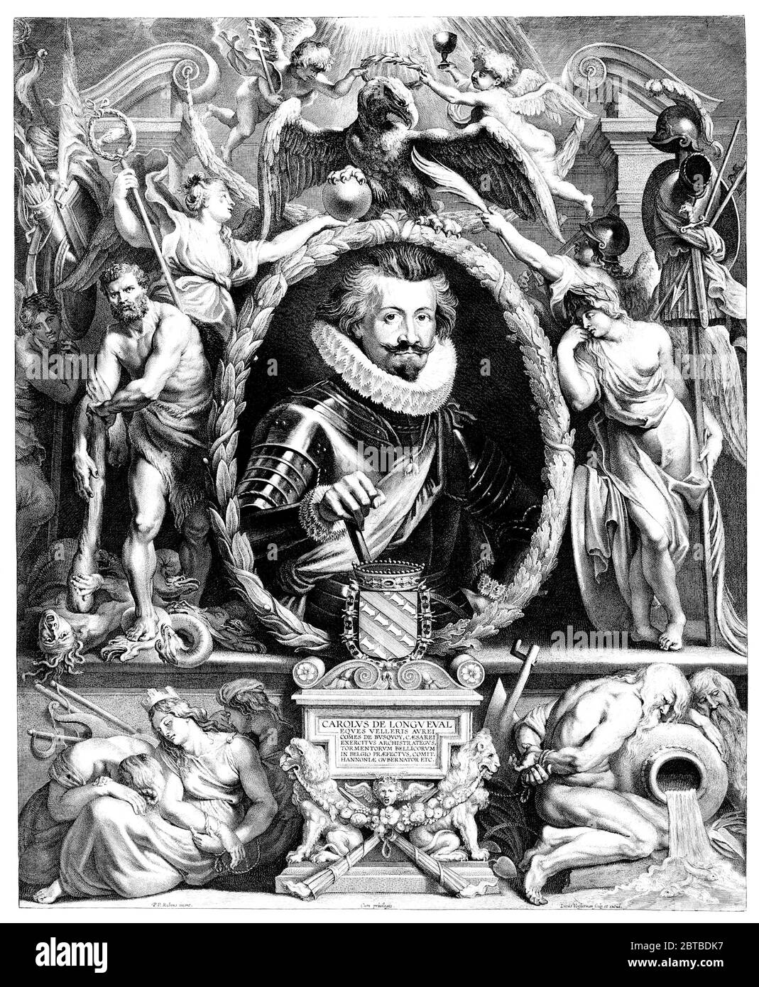 1621 , DEUTSCHLAND : der Graf CHARLES Bonaventura de LONGUEVAL DE BUCQUOY ( Bonaventura , 1571 - 1621 ). Portrair von Lucas Versterman nach Rubens, 1621 veröffentlicht. Französisch in Arras geboren. War ein Militärkommandant, der während des Achtzigjährigen Krieges für die spanischen Niederlande und während des Dreißigjährigen Krieges für das Heilige Römische Reich fougt. - KAREL - CARLOS - Buenaventura - Absburg - Asburg - Asburgo - Österreich - SPANIEN - SPAGNA - ADEL - NOBILI tedeschi e spagnoli - Nobiltà tedesca e spagnola - illustrazione - Illustration - Gravur - Inzisione - Kragen - colletto - Baffi - Schnurrbart Stockfoto