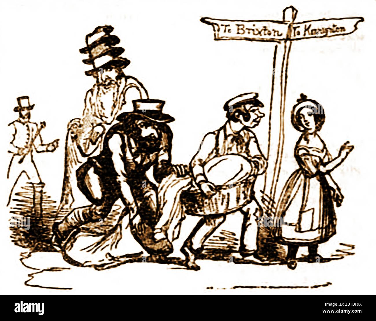 Unterwegs London alte Kleidung und Hut Verkäufer (bekannt als Clobberers) stehlen aus dem Wäschekorb eines Mitglieds der Öffentlichkeit im Jahr 1842 mit einem Finger Post (Wegweiser) zeigt den Weg nach Brixton und Kensington. Stockfoto