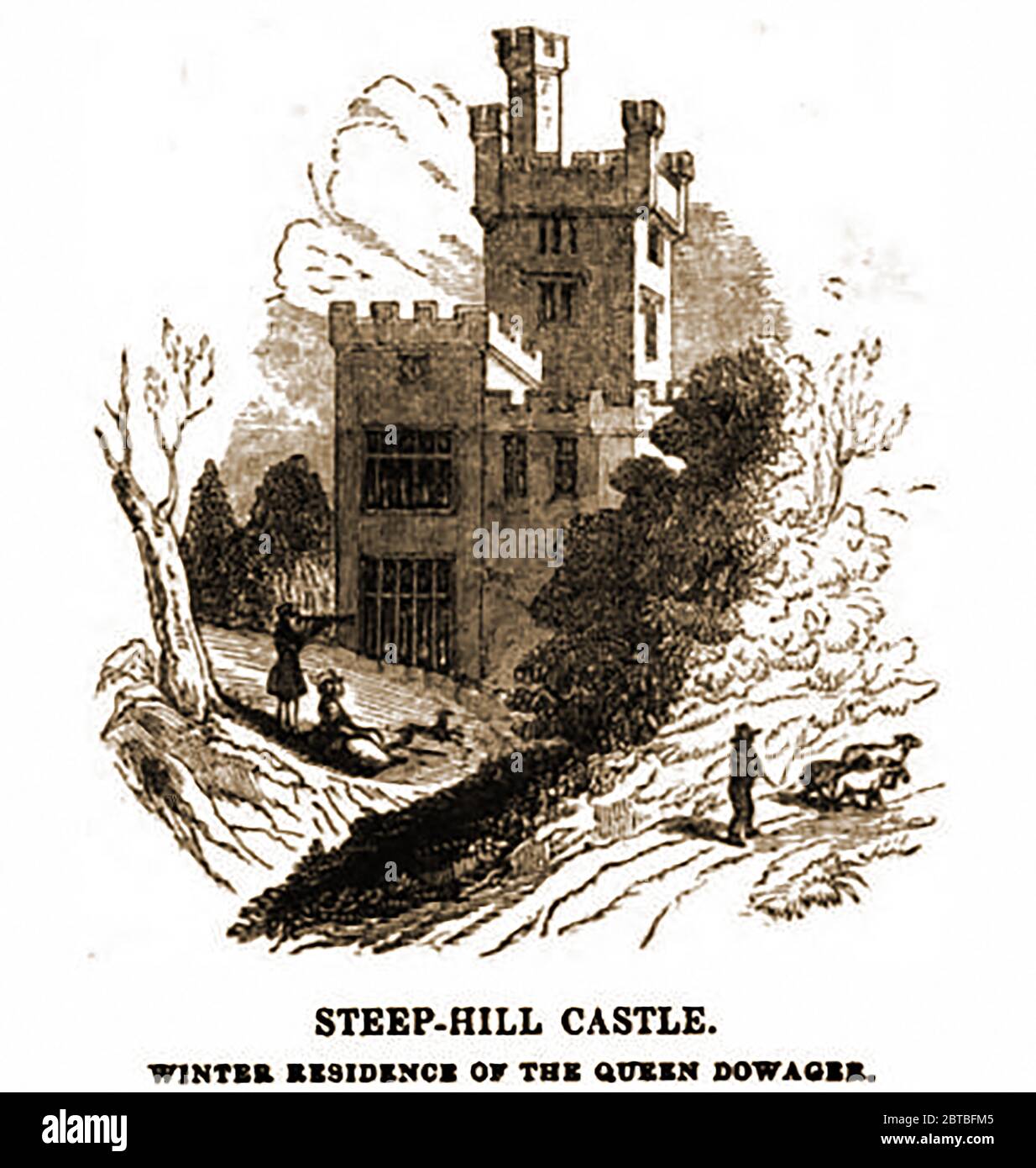 Steile Hügelburg, bevor sie zu einer Ruine wurde und abgerissen wurde (1842). Steephill ist ein Weiler in der Nähe von Ventnor, Isle of Wight, und die Lage eines ehemaligen viktorianischen Landguts mit einem Schloss-ähnlichen Herrenhaus, das abgerissen wurde, um moderne Bungalows in den 1960er Jahren zu bauen. Der Bau des Schlosses, das zwei Jahre dauerte, um abgeschlossen zu werden, begann 1833. Als es abgerissen wurde, fand man heraus, dass viele der Schnitzereien in der Burg in der Tat Gussteile waren und dass die Eiche in seinem Bau verwendet wurde, war in der Tat getarnt Deal. Einige haben das Schloss als eine Torheit angesehen. Stockfoto