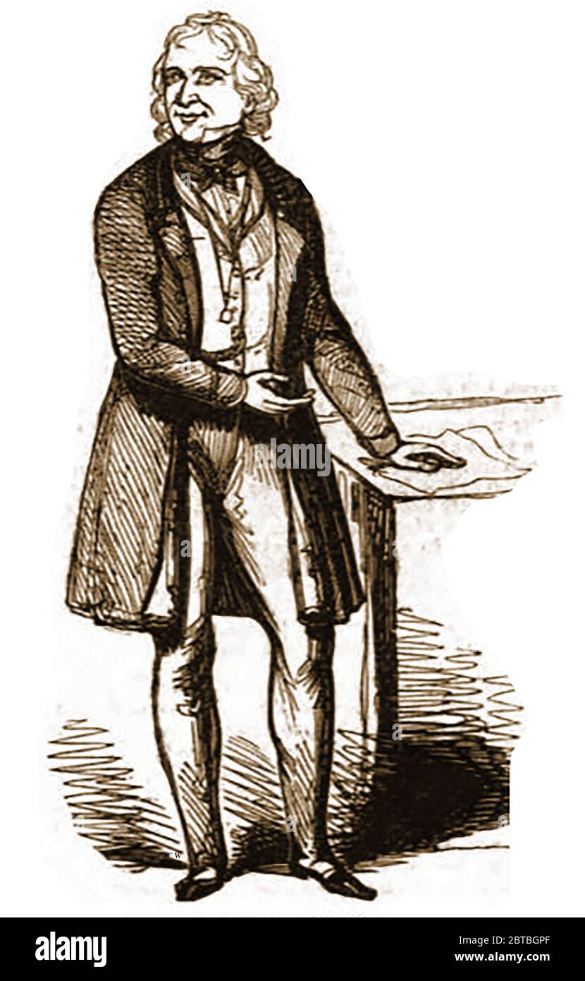 Ein Porträt von Thomas Wakely MP (1795. – 16. Mai 1862), Coroner für Middlesex und Herausgeber des Lancet Magazins, in voller Länge aus dem Jahr 1842. Er war ein bekannter Sozialreformer, der sich gegen Inkompetenz, Privilegien und Vetternwirtschaft einsetzte, sowie der Gründungsherausgeber von The Lancet und radikales Mitglied des britischen Parlaments. Er setzte sich im parlament gegen Auspeitschungen und für schlechte Gesetze, Polizeirechnungen, Zeitungssteuer und Lord's Day Observing und für Chartismus, die Tolpuddle Märtyrer, Freihandel, irischen Nationalismus und natürlich medizinische Reformen ein. Charles Dickens, war ein Freund und häufiger Gast in seinem Haus. Stockfoto