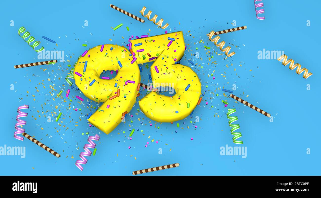 Nummer 93 zum Geburtstag, Jubiläum oder Promotion, in dicken gelben Buchstaben auf blauem Hintergrund mit Bonbons, Streamer, Schoko-Strohhalmen und verziert Stockfoto