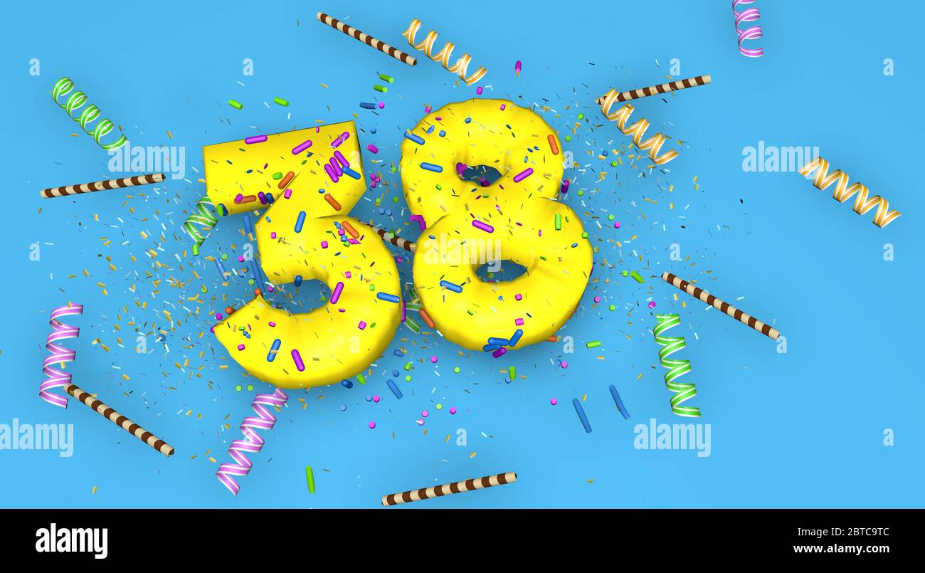 Nummer 38 zum Geburtstag, Jubiläum oder Promotion, in dicken gelben Buchstaben auf blauem Hintergrund mit Bonbons, Streamer, Schoko-Strohhalmen und verziert Stockfoto Nummer 38 zum Geburtstag, Jubiläum oder Promotion, in dicken gelben Buchstaben auf blauem Hintergrund mit Bonbons, Streamer, Schoko-Strohhalmen und verziert Stockfoto
