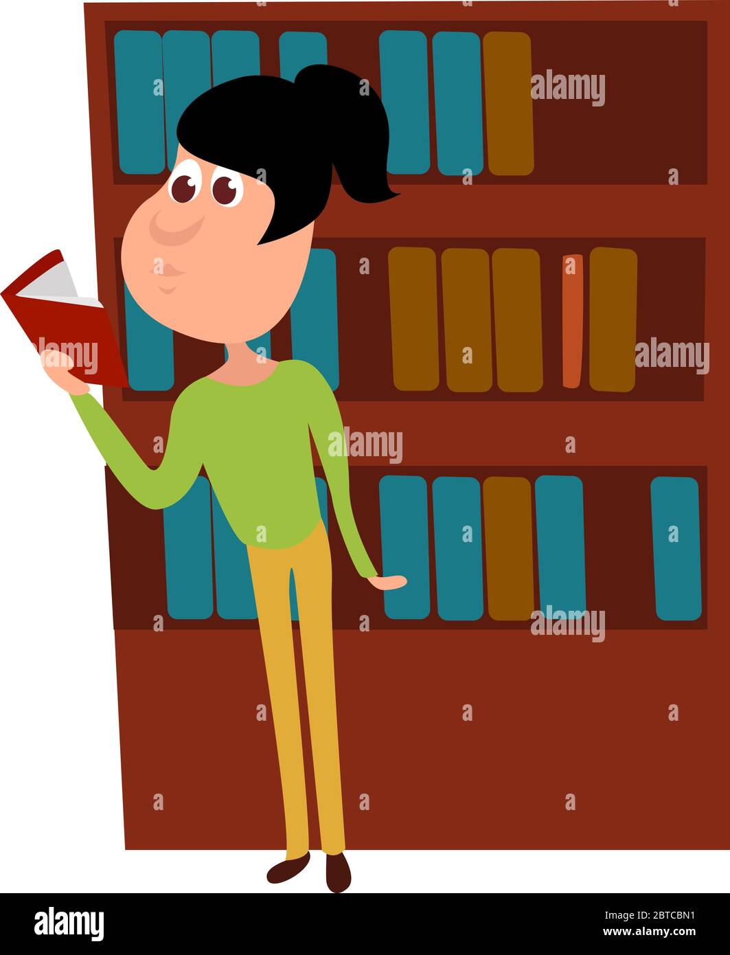 Frau liest Buch in der Bibliothek , Illustration, Vektor auf weißem Hintergrund Stock Vektor