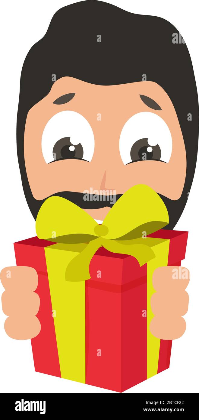 Mann mit Geburtstagsgeschenk, Illustration, Vektor auf weißem Hintergrund Stock Vektor