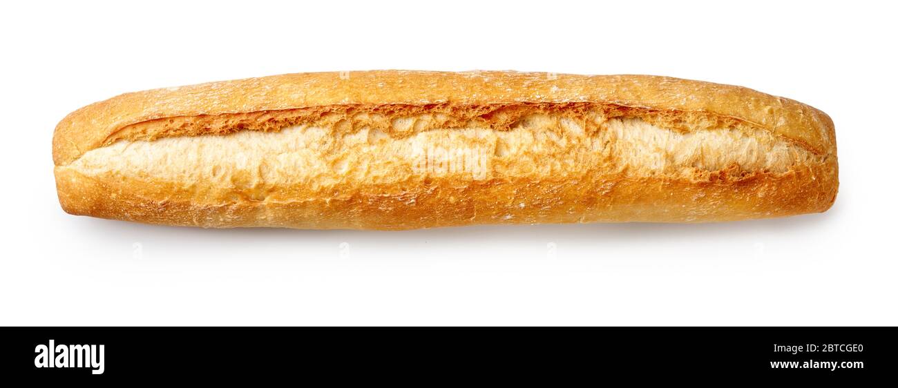 Baguette auf weißem Hintergrund isoliert. Blick von oben auf das Brot. Stockfoto