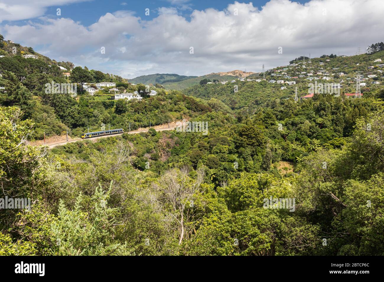 Ein Zug schlängelt sich um ein Tal in den Vororten von Wellington, Neuseeland, Februar 2020 Stockfoto