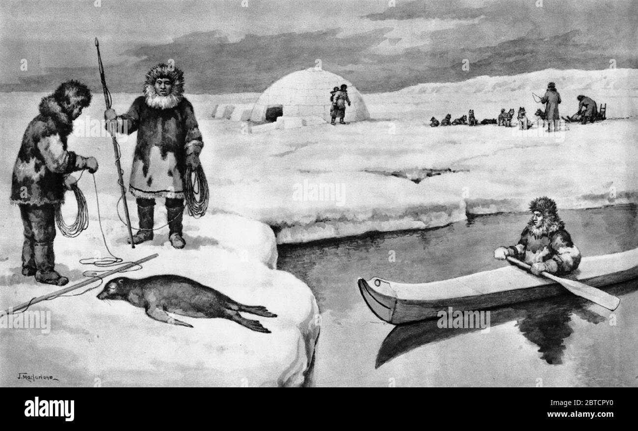 Illustration von Eskimos in ihrem Lager, aus einer Reihe von Schulplakaten für Sozialstudien, c 1930 Stockfoto