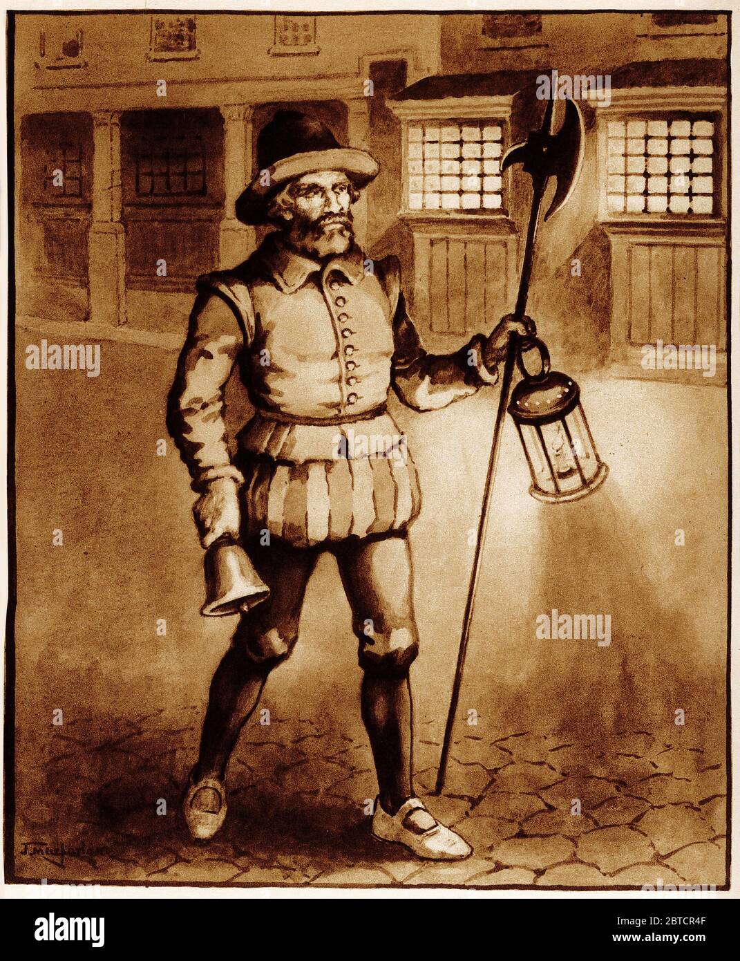 Illustration eines Nachtwächters, der in alten europäischen Städten üblich ist, aus einem Satz von Schulplakaten für Sozialstudien, c 1930 Stockfoto