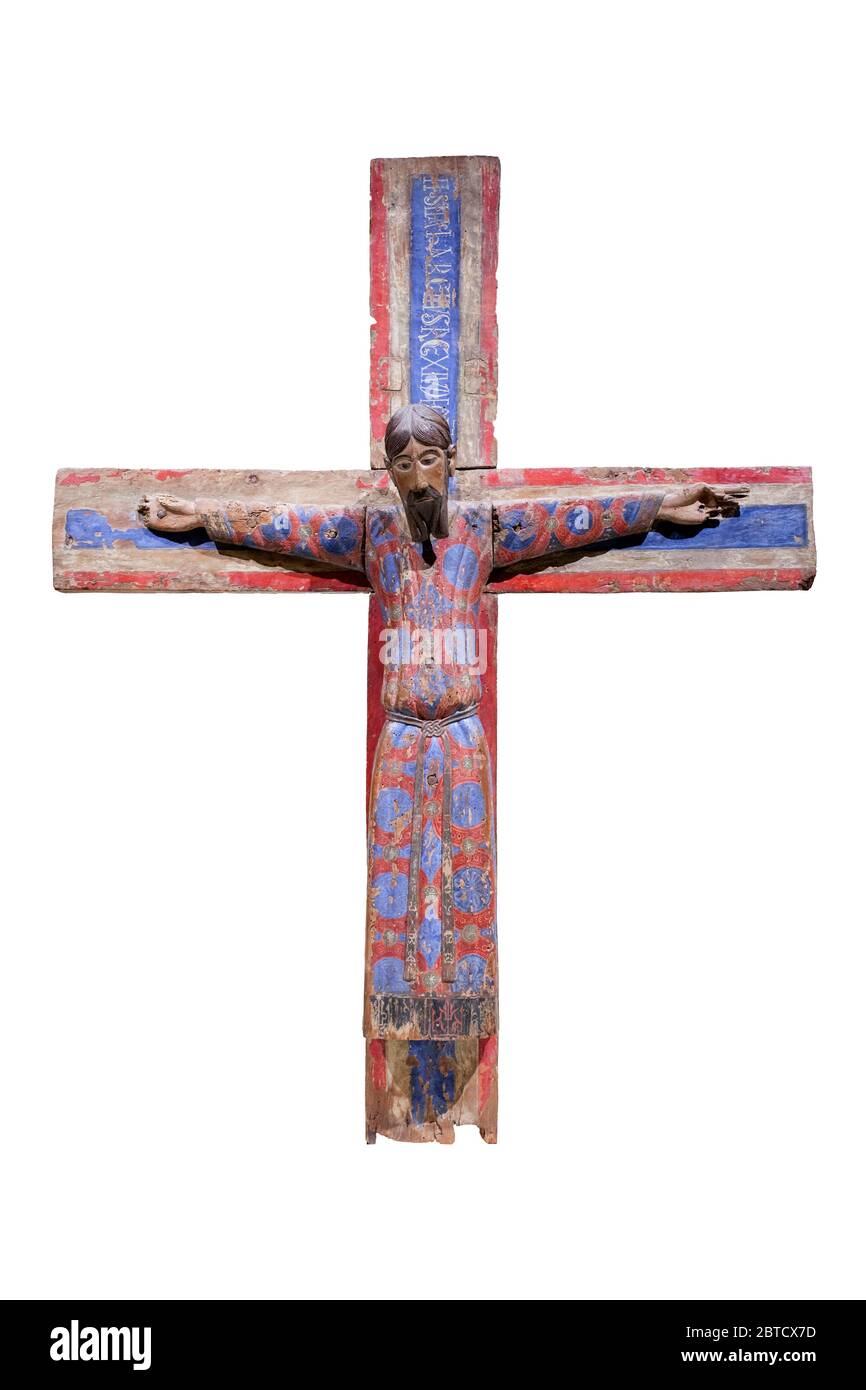 Batllo Majestät, geschnitzte Holzskulptur aus der unbekannten Garrotxa Kirche. Nationalmuseum für Kunst von Katalonien, Barcelona, Spanien Stockfoto