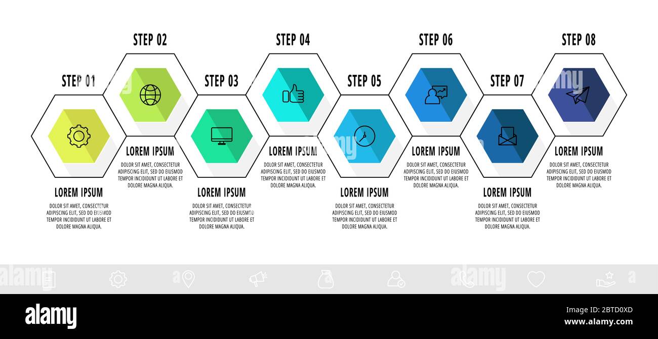Vector Business Infografiken. Zeitleiste Modern mit 8 Sechsecken. Modernes Design für Flussdiagramm, Zeitleiste, Web, Grafik, Präsentation Stock Vektor