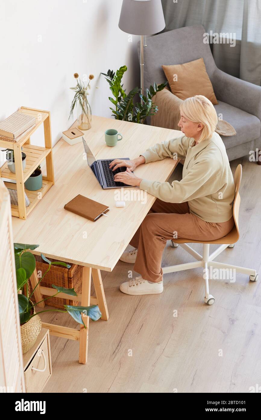 Seriöse reife Frau sitzt am Tisch und arbeitet online auf Laptop im Wohnzimmer zu Hause Stockfoto