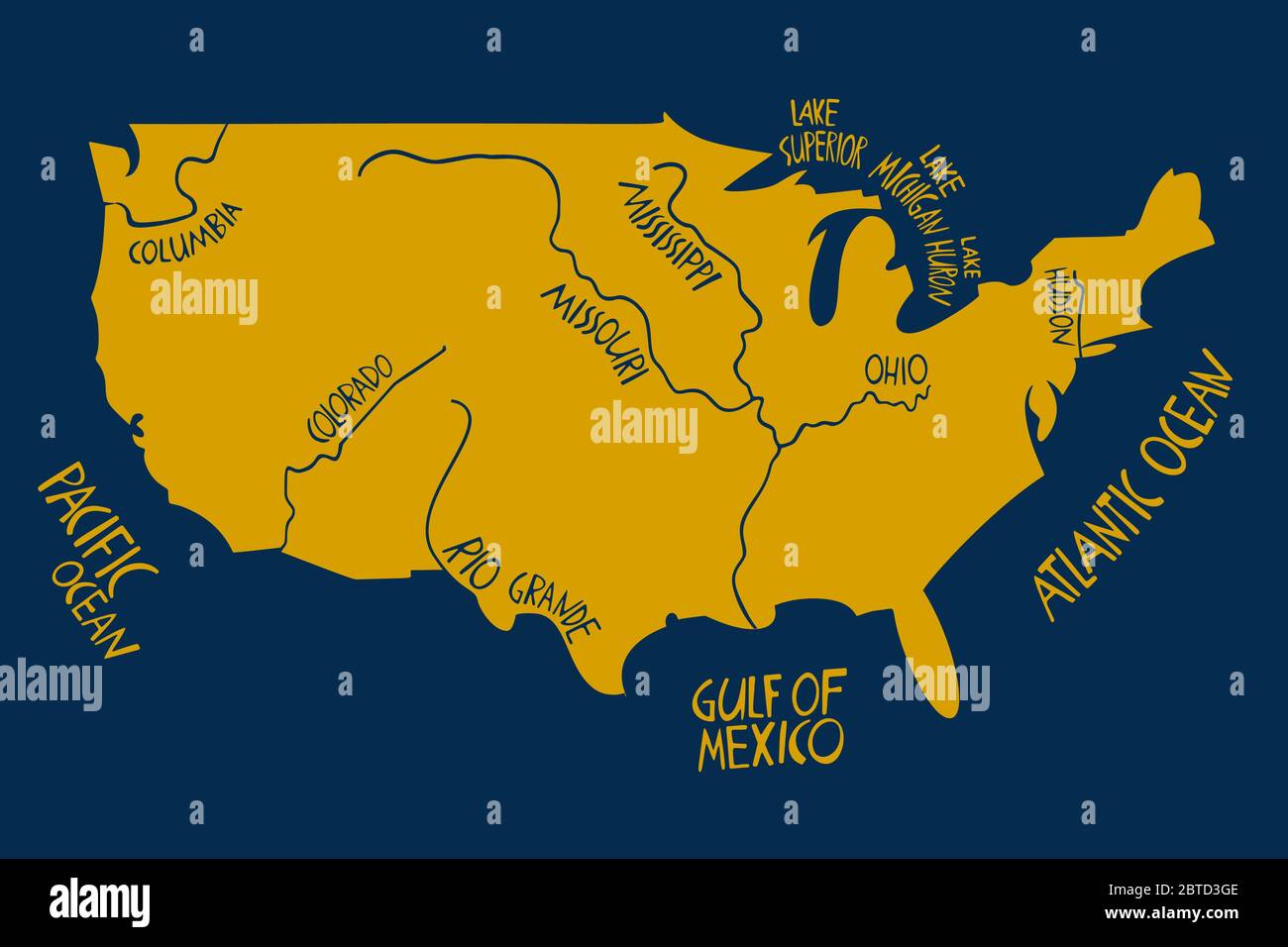 Vektor Hand gezeichnet stilisierte Karte der Vereinigten Staaten von Amerika. Reisedarstellung der USA Form mit Flüssen und Gewässern. Handgezeichnete Schriftzüge zur Illustration Stock Vektor