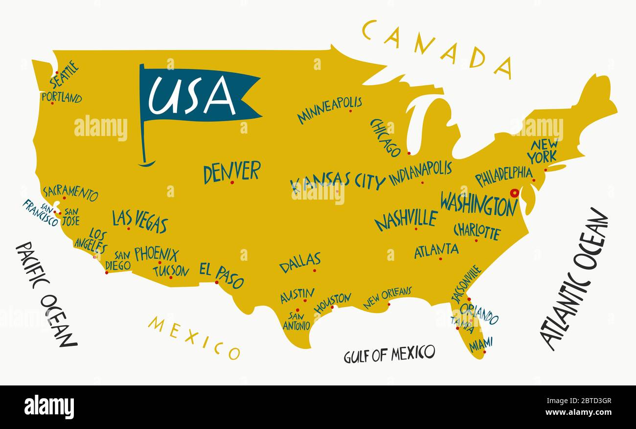 Vektor Hand gezeichnet stilisierte Karte der Vereinigten Staaten von Amerika. Reisedarstellung von Städten in den USA. Handgezeichnete Beschriftung. Nordamerika ma Stock Vektor