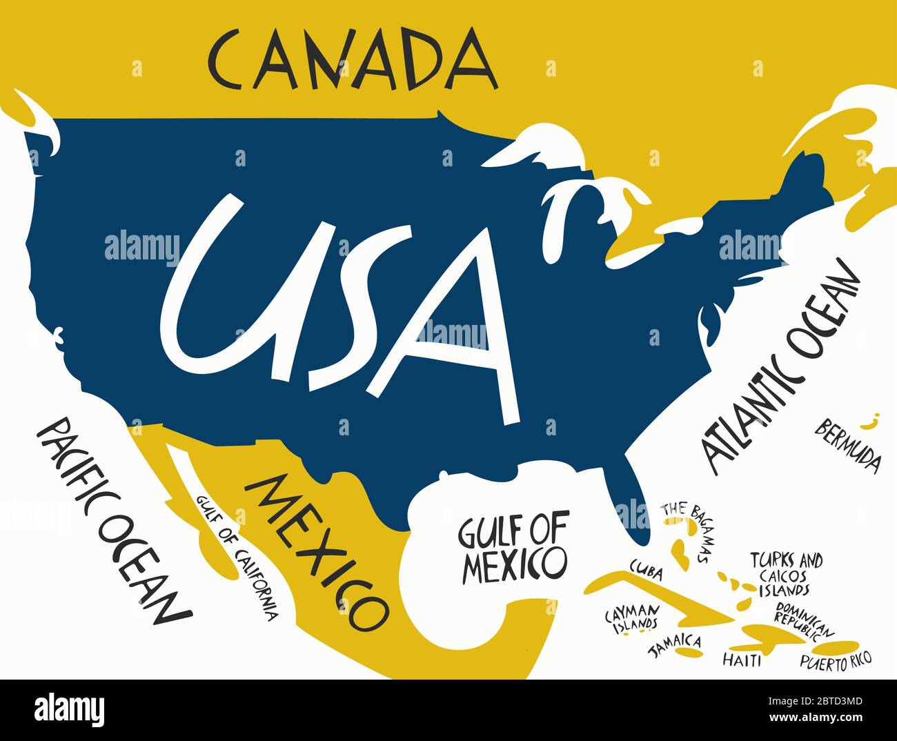 Vektor Hand gezeichnet stilisierte Karte der Vereinigten Staaten von Amerika. Reisedarstellung der USA mit Nachbarländern und Gewässern. Handgezeichnete Schriftzüge Stock Vektor