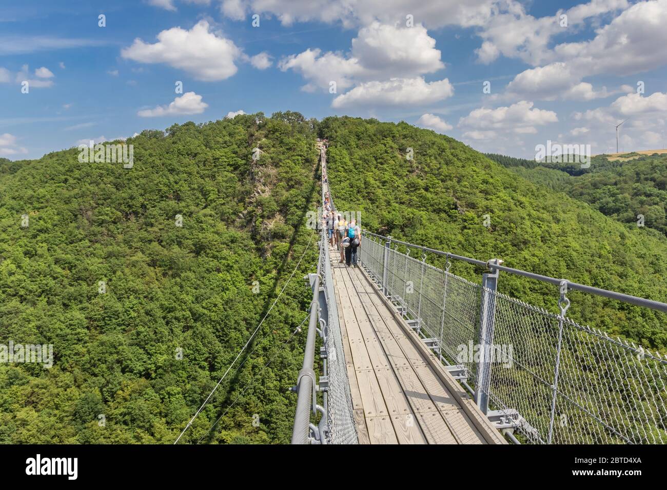 Grüne Hügel mit spektakulärer Hängebrücke bei Morsdorf, Deutschland Stockfoto