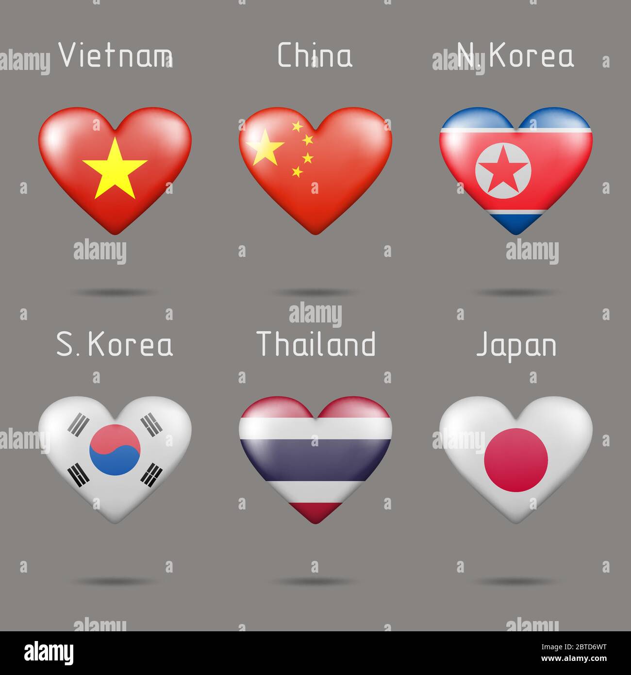 Herzförmige Länder Südost- und Ostasien Flaggen Stock Vektor
