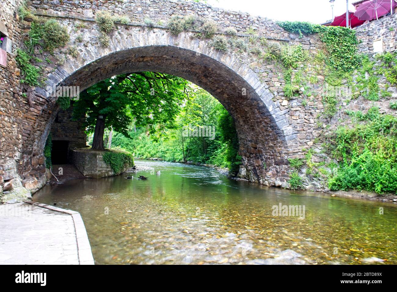 Der Fluss Quiviesa fließt unter einer alten Steinbrücke in Potes, Kantabrien, Spanien. Stockfoto