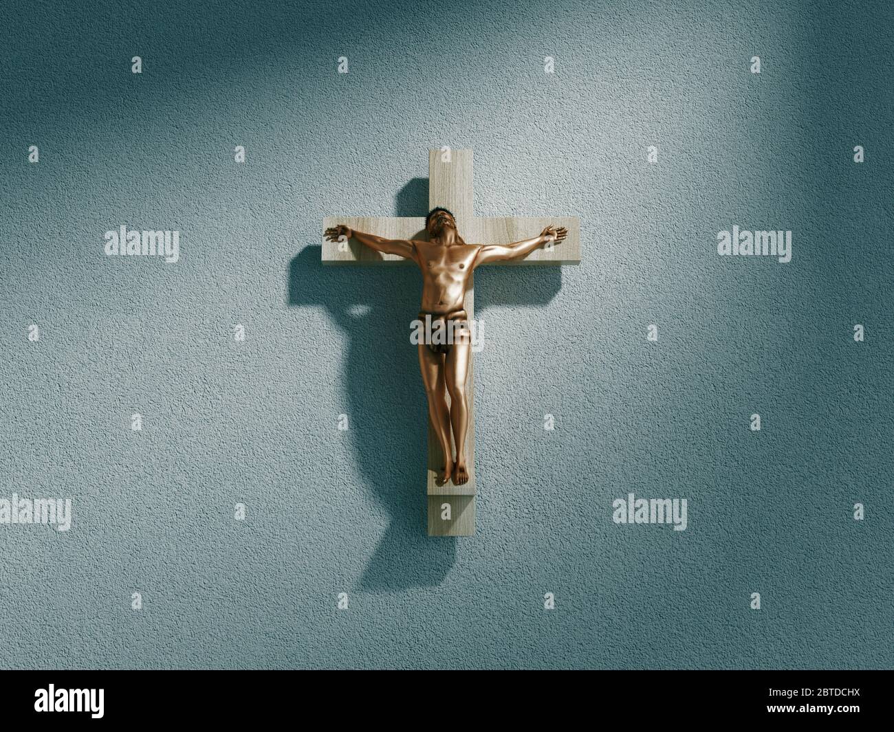 Kruzifix an der Wand im Scheinwerfer in alten dunklen Kirche oder Kathedrale. Jesus Christus am Kreuz. Religion, Glaube und Hoffnung. Heilige und heilige Orte. 3d Stockfoto