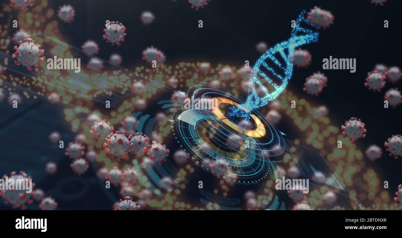 Scannen von blauen DNA-Stamm und Coronavirus Covid19-Zellen Stockfoto