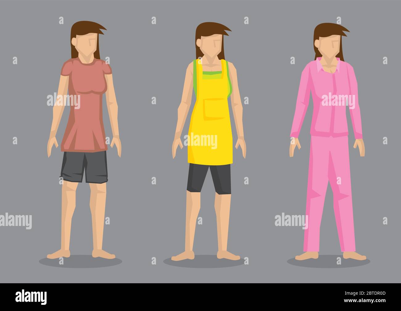 Set von drei Vektor-Charakter von Cartoon Frauen tragen komfortable Casual Outfit isoliert auf schlichten grauen Hintergrund. Stock Vektor