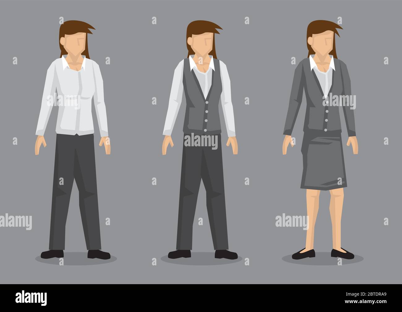 Set von drei Designs von Frauen Arbeitskleidung. Vektor weibliche Cartoon-Charakter isoliert auf grauem Hintergrund. Stock Vektor