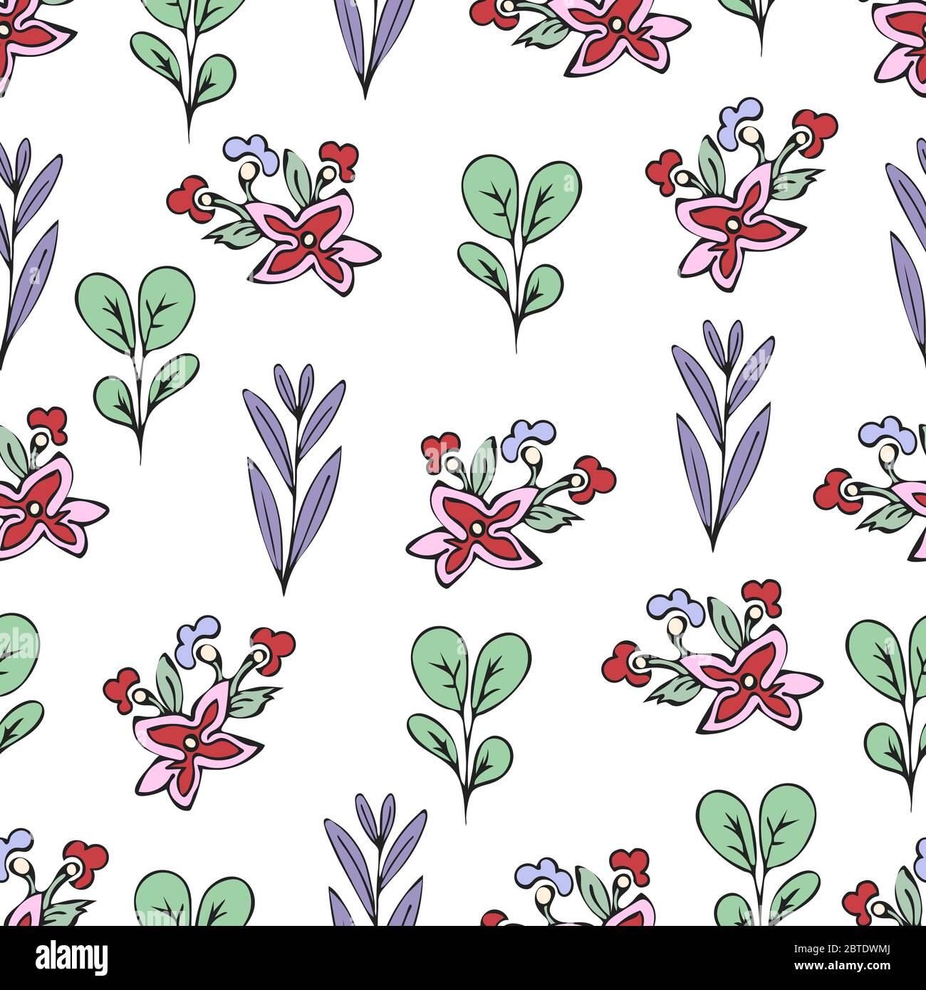 Bunte floral nahtlose Muster, Doodle Cartoon gezeichneten Blumen, exotischen natürlichen Hintergrund, Hand Zeichnung. Mehrfarbige Pflanzenzweige, Knospen, Blütenblätter an Stock Vektor