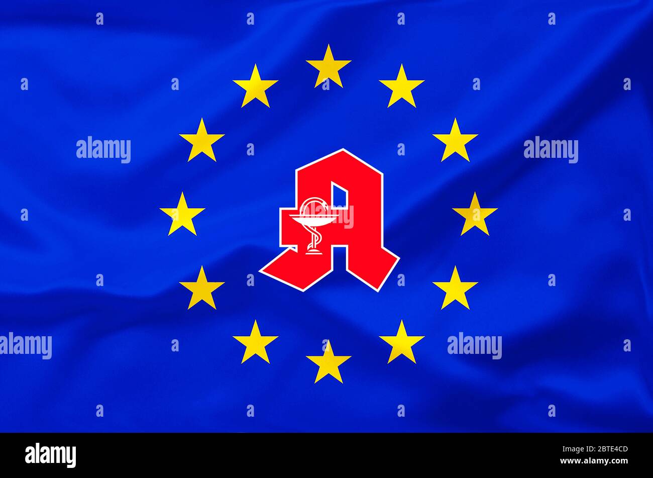 EU-Flagge mit dem Aufdruck des Apothekenlogos, Europa Stockfoto