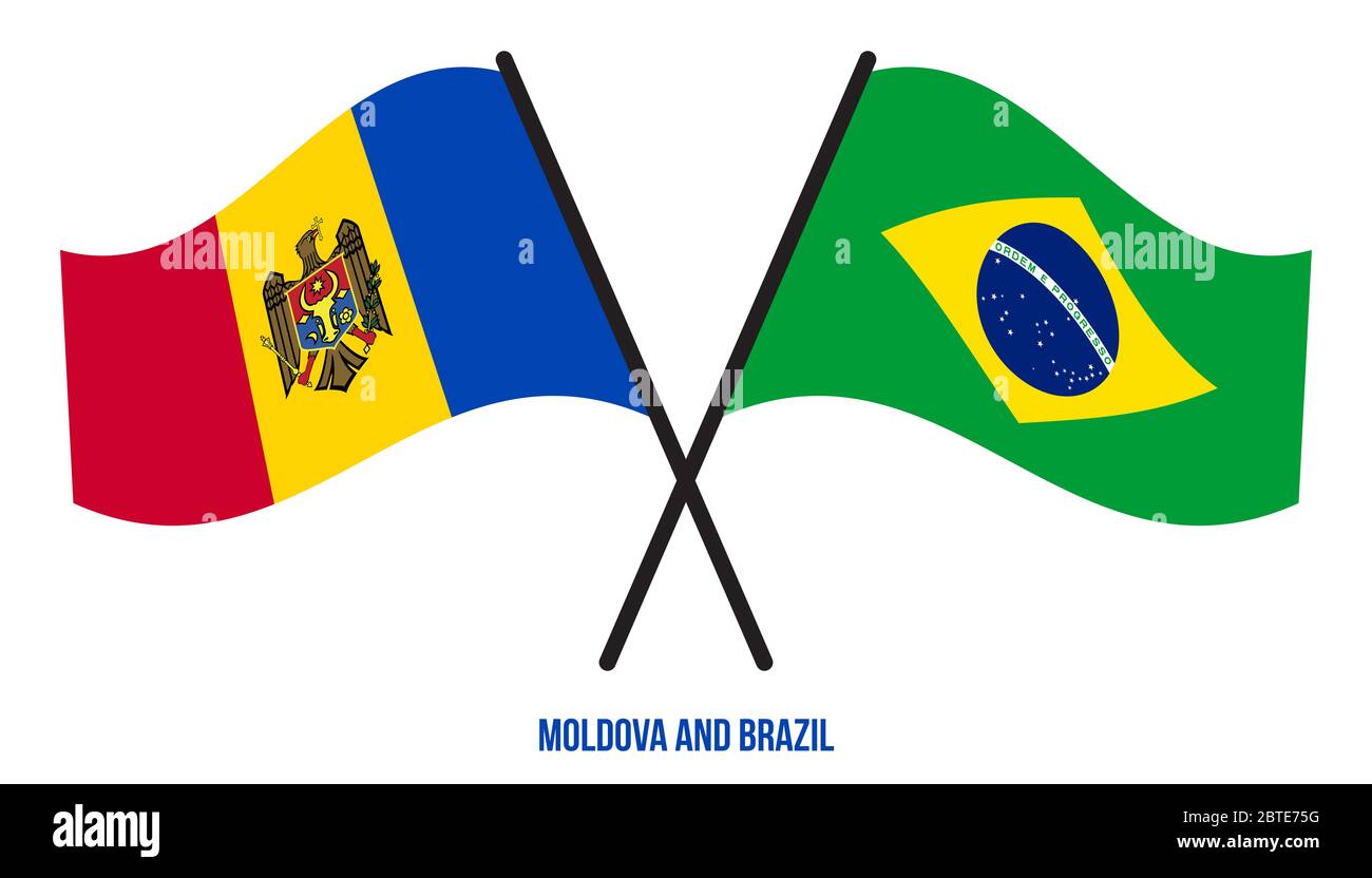 Moldawien und Brasilien Flaggen gekreuzt und winken Flat Style. Offizieller Anteil. Richtige Farben. Stockfoto
