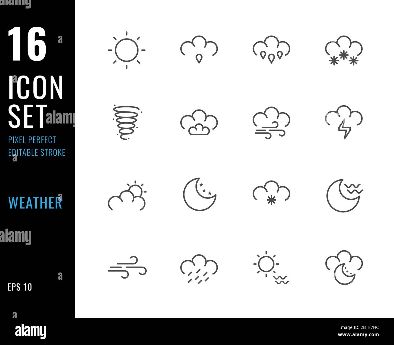 Satz von 16 Symbolen Wetter dünne Linie Stil. Bearbeitbare Kontur. Pixel Perfekt. Vektorgrafik Stock Vektor