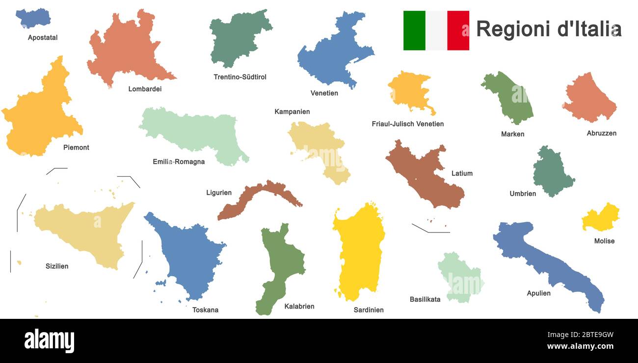 Silhouetten des europäischen Landes Italien und der Regionen Stock Vektor