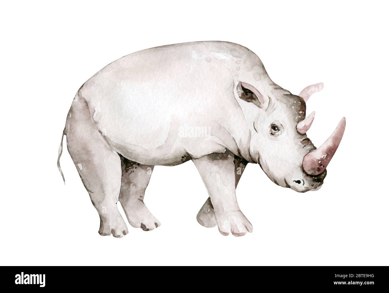 Aquarell afrikanischen Rhipo Tier Nashorn isoliert auf weißem Hintergrund. Savannah Wildlife Cartoon Zoo Safari Poster. Dschungeldekoration Stockfoto