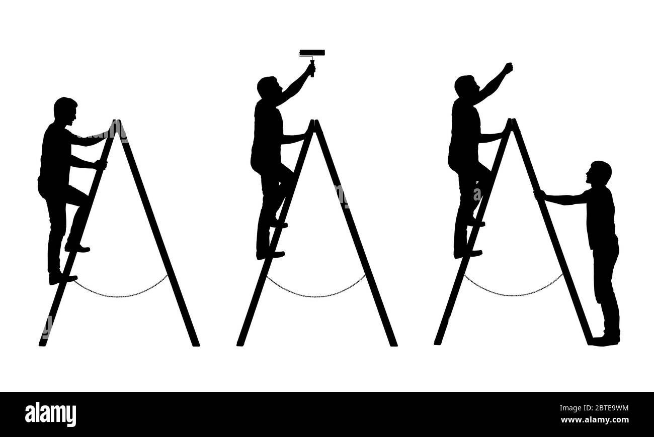 Set aus schwarzen und weißen Silhouetten eines Mannes Handwerker. Er malt die Wand und hält eine Leiter - isolierte Vektor auf weißem Hintergrund Stock Vektor