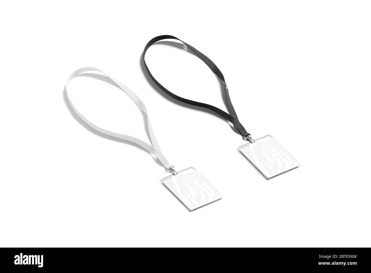 Blanke schwarz-weiße Lanyard mit Namenskarte Mockup, isoliert Stockfoto