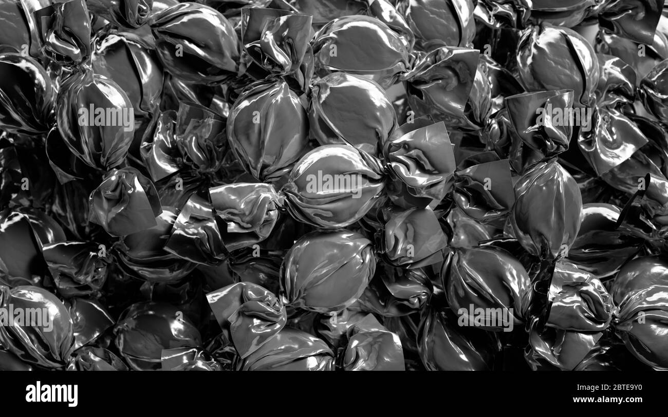 Blank schwarz harte Süßigkeiten Folie Wrapper Nachbau Stapel Stockfoto