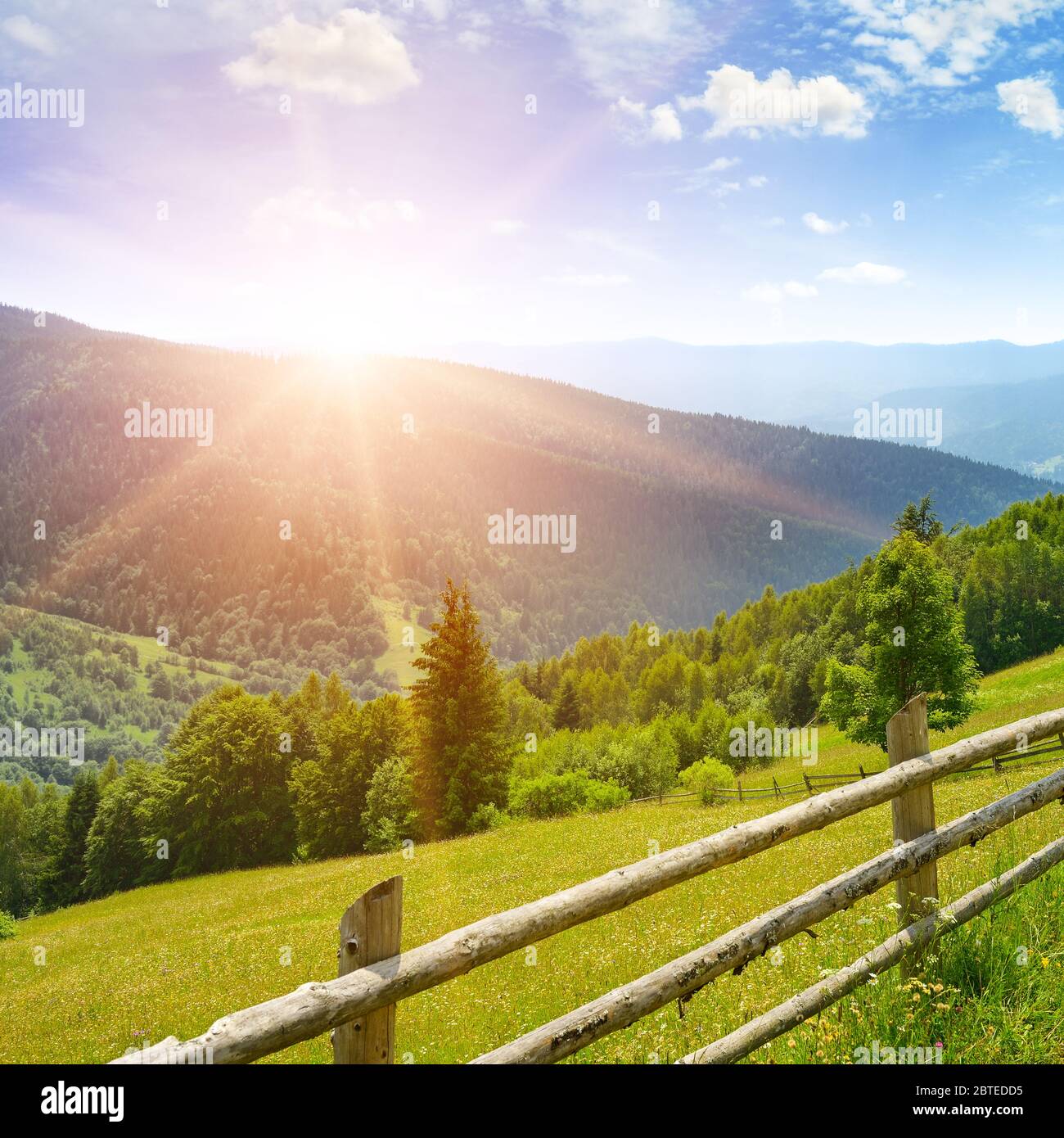 Morgendämmerung in den Bergen. Blick auf die malerische Wiese in Karpaten. Stockfoto